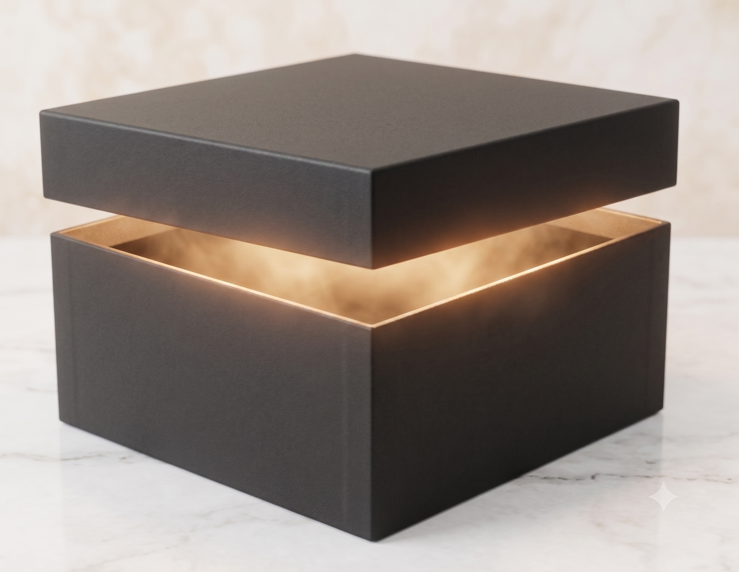 Caja negra premium semiabierta con luz tenue